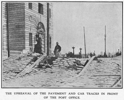 The upheaval of the pavement and car tracks in front of the Post Office, after the 1906 San Francisco earthquake, 1906 by American Photographer